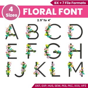 Floral Font Embroidery, A-Z Full Flower Alphabet Machine Embroidery Designs, Floral Embroidery Pattern, 4 sizes, PES DST, Instant Download