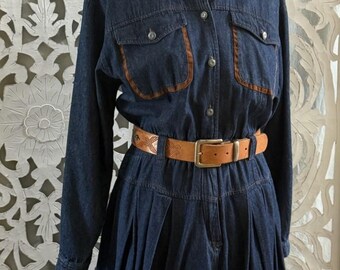 Western Denim Dress with Brown Trim & Leather Belt | Made in Korea | Size 10