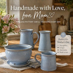 Hand Thrown Pottery Set | Blue Glazed Ceramic Mug, Pitcher, Vase & Planter