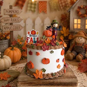 Puede incluir: Un pastel redondo blanco decorado con calabazas naranjas y hojas de otoño coloridas, con un borde marrón y un adorno que dice hello FALL, coronado con una pequeña figura de espantapájaros sobre una base de madera.