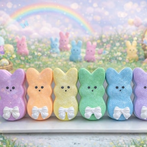 May include: A row of six colorful marshmallow bunny candies with white bowties. The bunnies are purple, orange, yellow, green, blue, and lavender. The background features a rainbow, flowers, and Easter eggs.
