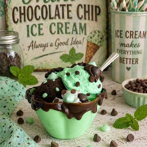 May include: A mint green ceramic bowl filled with mint chocolate chip ice cream, drizzled with chocolate sauce and topped with chocolate chips. The image includes a sign that reads "Mint Chocolate Chip Ice Cream Always a Good Idea!"