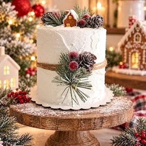 May include: A cylindrical white frosted cake decorated with a twine wrap, green pine needles, red berries, pinecones, and a small gingerbread house topper, all resting on a round wooden cake stand with a scalloped white base.