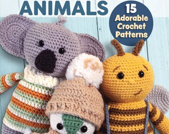 May include: A book titled "Amigurumi Animals" with a cover featuring three crocheted stuffed animals: a koala, a bee, and a snowman. The book includes 15 adorable crochet patterns. By Kristi Simpson, author of more than 40 books, including the best-selling Huggable Amigurumi and Sweet & Simple Baby Crochet.