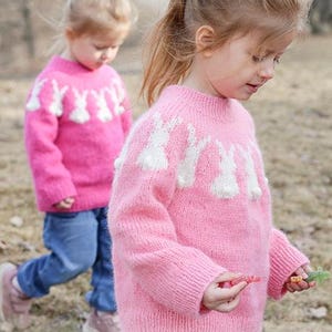 Può includere: Due bambini indossano maglioni rosa con disegni di coniglietti bianchi. I maglioni hanno un motivo a treccia. I maglioni sono di DROPS DESIGN. www.garnstudio.com