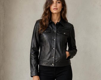 Women Black Trucker Leather Jacket | Stylish Coat For Her