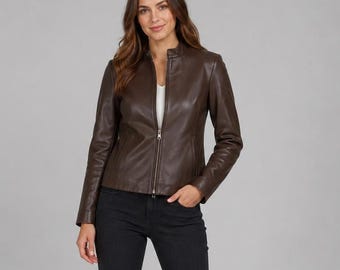 Women’s Brown Leather Jacket | Minimalist Zip Up Leather Coat
