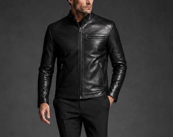 Men’s Modern Black Leather Jacket | Slim Fit Biker Style