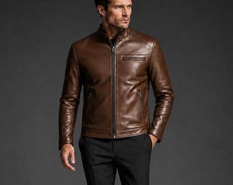 Men's Brown Leather Jacket | Classic Stand Collar Biker Jacket