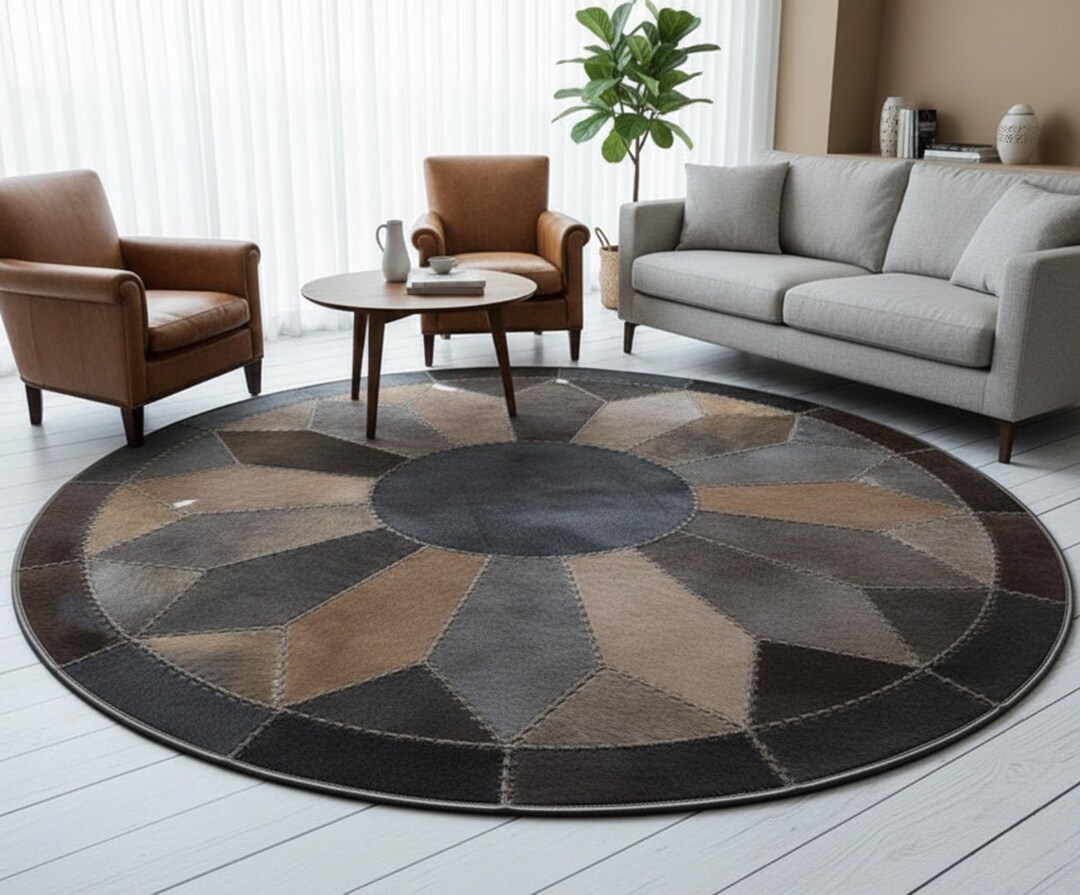 Hay Like Round Rug Round Cowhide Rug | Patchwork Hair-on-hide Carpet | Handstitched ...