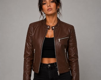Women's Brown Leather Biker Jacket  | Classic Zip-Up Leather Coat