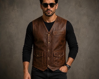 Men's Brown Genuine Biker Leather Vest | Sleeveless Leather Waistcoat | Gift for Him