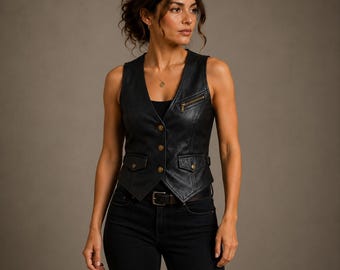 Women's Black Genuine Biker Leather Vest | Sleeveless Leather Waistcoat | Gift for Her