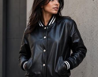 Women's Black Leather Varsity Jacket | Classic Letterman Streetwear