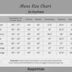 May include: A size chart titled Mens Size Chart In Inches with columns for Size, Suitable For Chest Size, Chest, Waist, Shoulder, Sleeve, and Length. It lists sizes from Xsmall to 3X Large with corresponding measurements in inches and a note at the bottom.