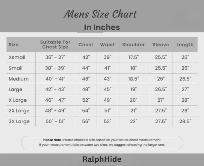 May include: A size chart titled Mens Size Chart In Inches with columns for Size, Suitable For Chest Size, Chest, Waist, Shoulder, Sleeve, and Length. It lists sizes from Xsmall to 3X Large with corresponding measurements in inches and a note at the bottom.