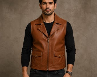 Men's Cognac  Brown Genuine Biker Leather Vest | Sleeveless Leather Waistcoat | Gift for Him