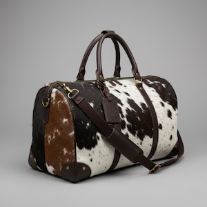 May include: A cowhide duffel bag with brown leather handles, trim, and a shoulder strap. The bag features a zip closure, gold-tone hardware, and a luggage tag. The cowhide pattern is a mix of black, brown, and white.