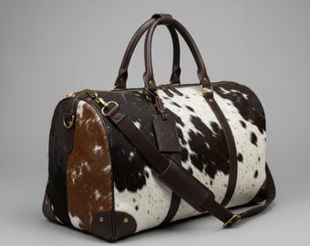 Handmade Genuine Cowhide Leather Duffle Bag | Patchwork Weekender | Travel Bag | Gift For Her