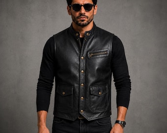 Men's Black Genuine Biker Leather Vest | Sleeveless Leather Waistcoat | Gift for Him