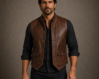 Men’s Distressed Brown Genuine Leather Vest | Vintage Western Waistcoat | Gift for Him