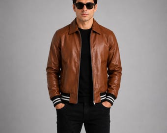 Men's Cognate Brown Real Leather Varsity Jacket | Classic Bomber Jacket