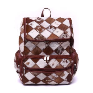 Genuine Cowhide Leather Backpack | Handmade Patchwork Travel Bag  | Natural Brown and White Tones | Unique Hide Backpack for Everyday Use