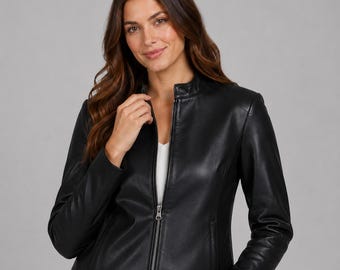 Women’s Black Leather Jacket | Minimalist Zip Up Leather Coat