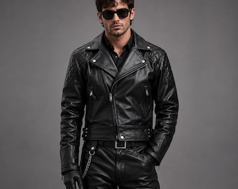 Men's Black Leather Biker Jacket | Motorcycle Quilted Shoulder Classic Rider Coat