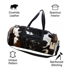 Genuine Cowhide Leather Duffle Bag | Handmade Travel & Gym Bag | Black Brown White Hide Weekender | 24x12x12 In