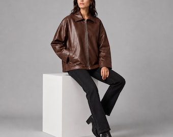 Women’s Brown Loose Fit Leather Jacket | Vintage Oversized Coat