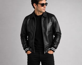 Men's Black Real Leather Varsity Jacket | Classic Bomber Jacket