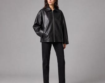 Women’s Black Loose Fit Leather Jacket | Oversized Minimalist Coat