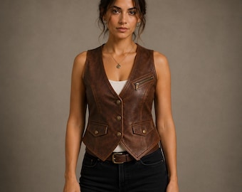 Women's Brown Genuine Biker Leather Vest | Sleeveless Leather Waistcoat | Gift for Her