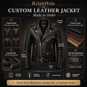 May include: A black leather jacket with silver hardware, featuring a notched collar, zippered pockets, and a buckled waist belt. The image includes text detailing custom options like style, color, size, and personalization, plus a measuring tape.