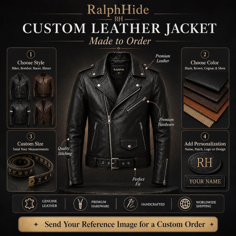 May include: A black leather jacket with silver hardware, featuring a notched collar, zippered pockets, and a buckled waist belt. The image includes text detailing custom options like style, color, size, and personalization, plus a measuring tape.