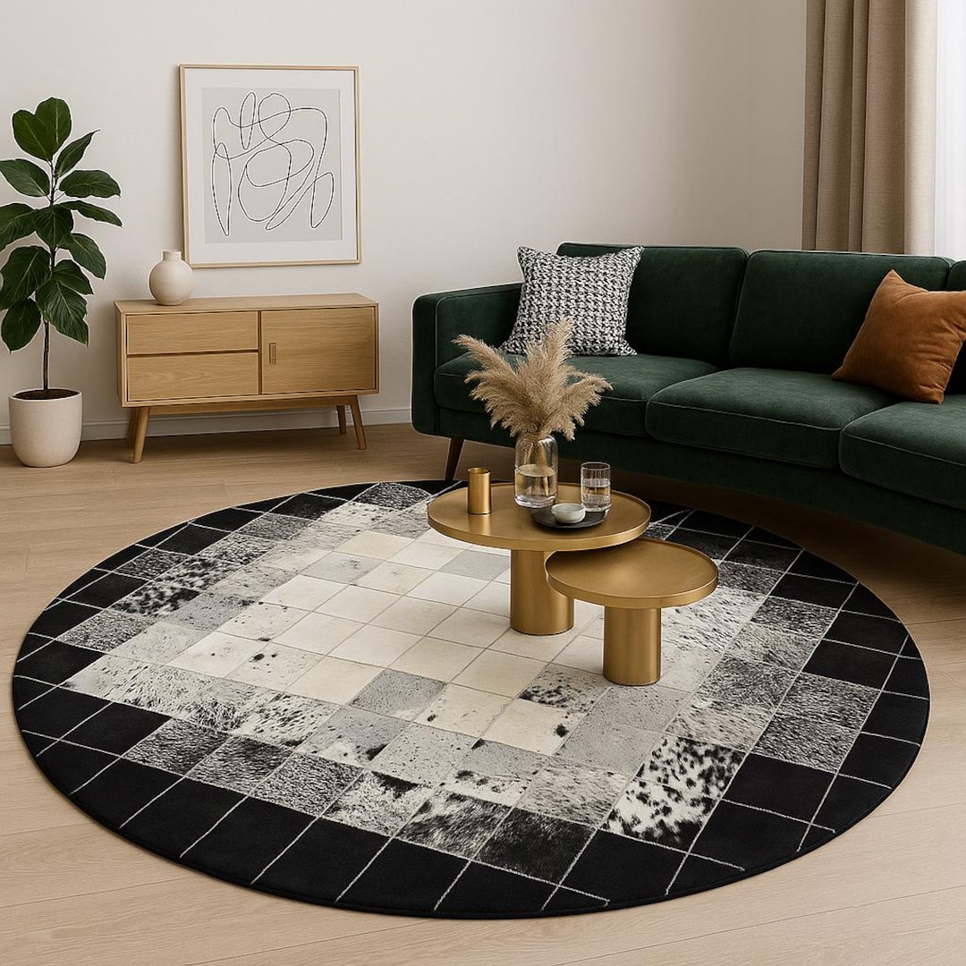Black & White Cowhide Round Rug - Nat...