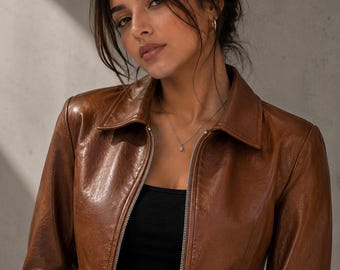 Women Cognac Brown  Cropped Leather Jacket | Stylish Moto Coat