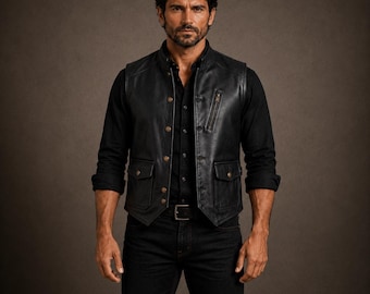 Men's Black Leather Utility Vest | Vintage Western Waistcoat | Gift for Him