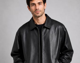 Men’s Black Loose Fit Leather Jacket | Minimalist Oversized Style