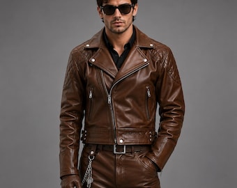 Men's Cognac Brown Leather Biker Jacket | Motorcycle Quilted Shoulder Classic Rider Coat