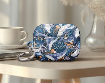 Airpods Gen 4 Navy Blue AirPod Pro 2 Case Holiday Gift Whale Coral Sea Plant Design Deep Ocean Purple Gold Accents Mystical Marine Art Cover