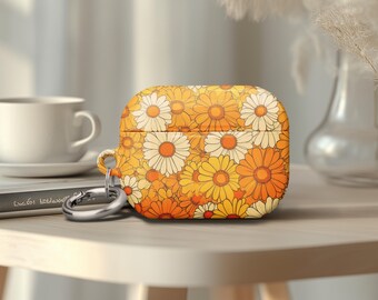 Protective Airpod Pro 2 Case Design Retro Flower Pattern Yellow Orange Daisy Airpods Gen 4 Case Birthday Gift Metal Keychain Ring Easy Carry