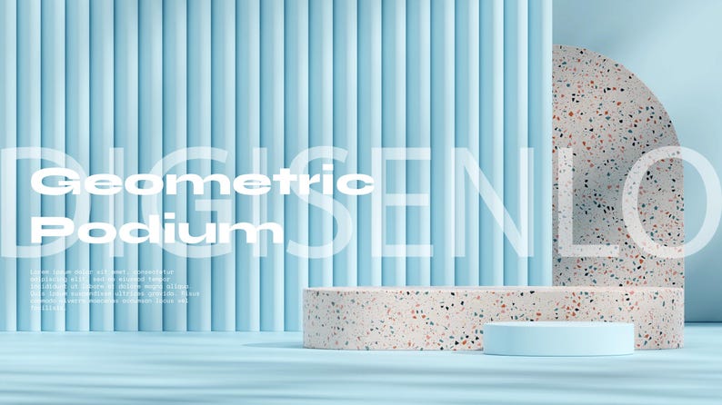 May include: A geometric podium with a light blue background. The podium is made of a light gray material with a speckled pattern. The text "Geometric Podium" is written in white letters on the blue background.