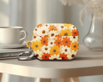 AirPods Gen 4 Floral Airpods Pro 2 Case Vintage Style Flower Yellow Orange AirPod Pro 1 Case for Birthday Gift for Lover Metal Keychain Ring