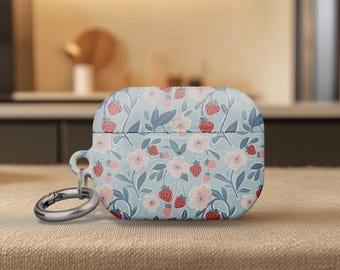 AirPods 4 Case Cover Strawberry Floral Vintage Airpods Pro 2 Light Blue with Petals & Soft Edges Nature Inspired Gift for Her Bestseller A33