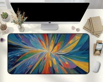 Colorful Abstract Burst Desk Mat Large Festive Holiday Gift for Coworker Vibrant Rainbow Art Work Surface Protector Aesthetic Decor D162