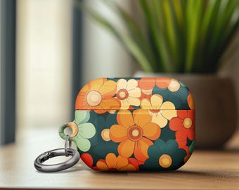 Cute Flowers Airpod Pro 2 Case Tough Hard Case Design Retro vibrant Floral AirPods 1970s Era Idea Birthday Gift Airpods Gen 4 with Keychain