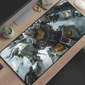 May include: A rectangular mousepad featuring a detailed illustration of a futuristic robot or mech in shades of gray, yellow, and red. The design depicts a complex mechanical structure with various components, set against a cloudy background. The mousepad is placed on a wooden desk.