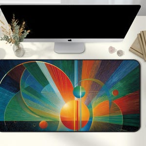 Abstract Geometric Sun Desk Mat Large Colorful Mid Century Modern Office Decor Aesthetic Desk Topper Christmas Gift for Art Lovers D164